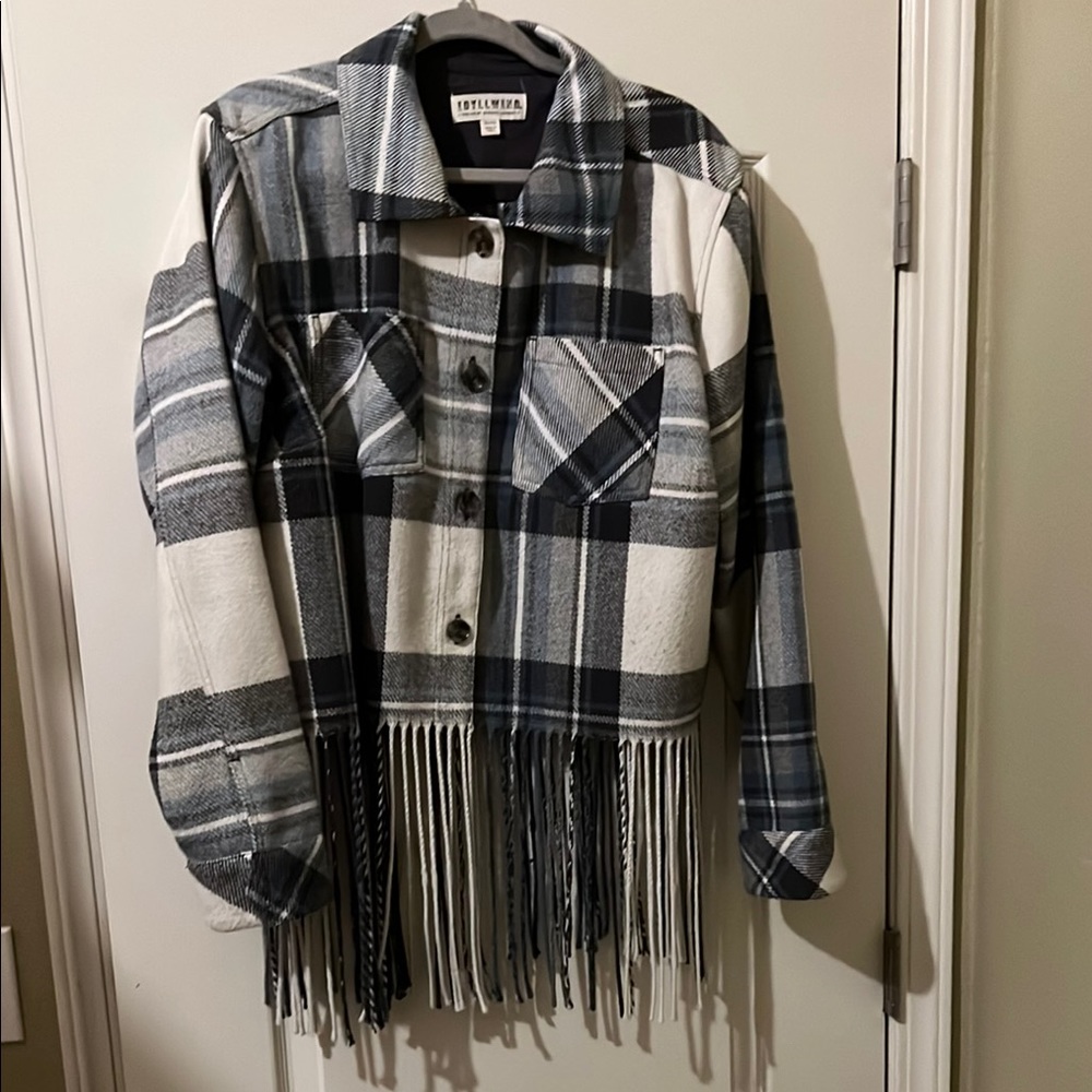 Women's Plaid Fringe Jacket - Black and White